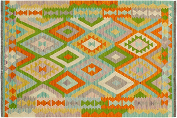Flat Weave Kilim, Antique, Navaho, Vintage, Handmade, Geometric Kilim Blue Orange Hand-Woven Rectangle 100% Wool Area Rug 4 x 6